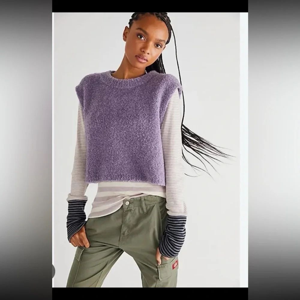 Free People Margot Violet Lily Combo Plush Knit Vest Women's Size Large - Picture 4 of 12